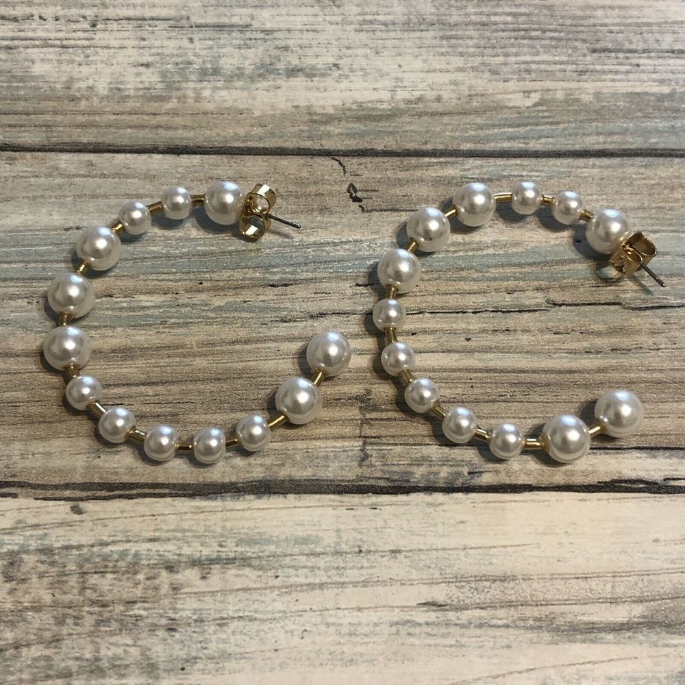 J.Crew jcrew Pearl Bead Hoop EARRINGS NWOT Classic‎